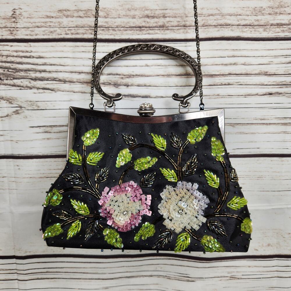 CEM Vintage Black Sequins Silver Handle Purse Mini Bag Floral - Picture 3 of 8